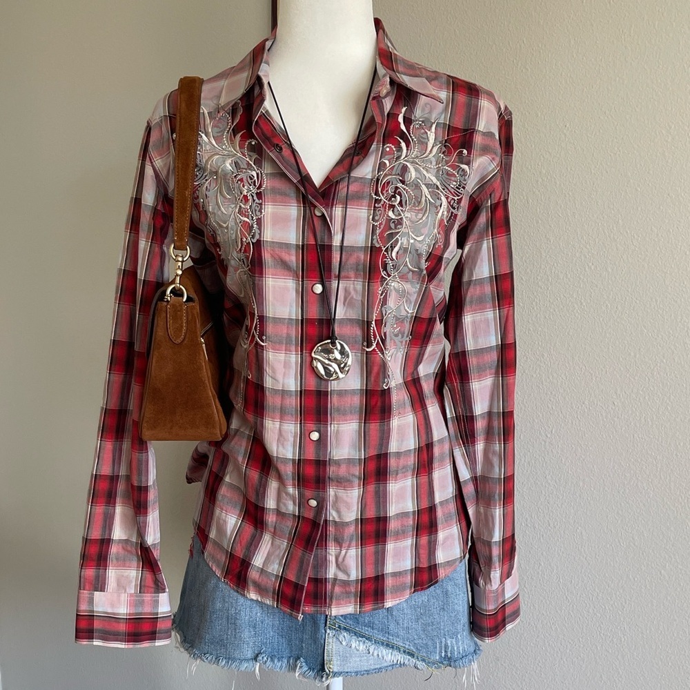 Brooks & Dunn Red Plaid Embroidered Button-Up Shirt Size L